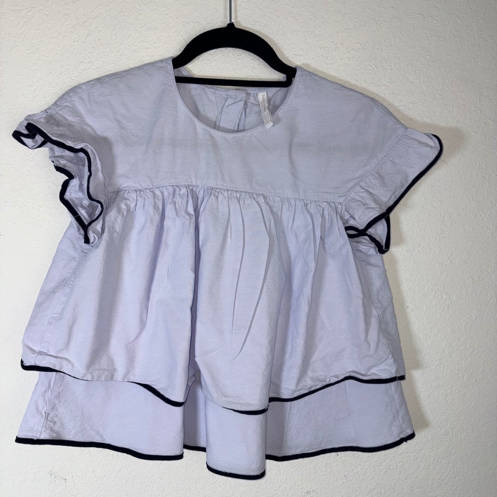 Zara Trafaluc Babydoll Top XS Lavender Blue Ruffle Tiered Peplum Blouse